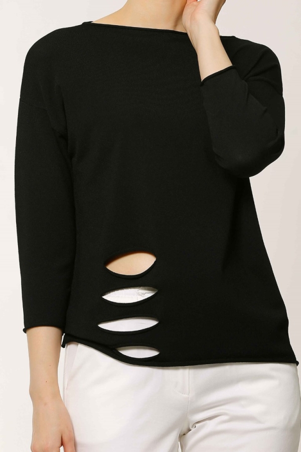 Slit Hem Rayon Sweater - Black - 4