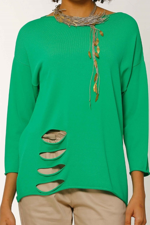 Slit Hem Rayon Sweater - Green - 4