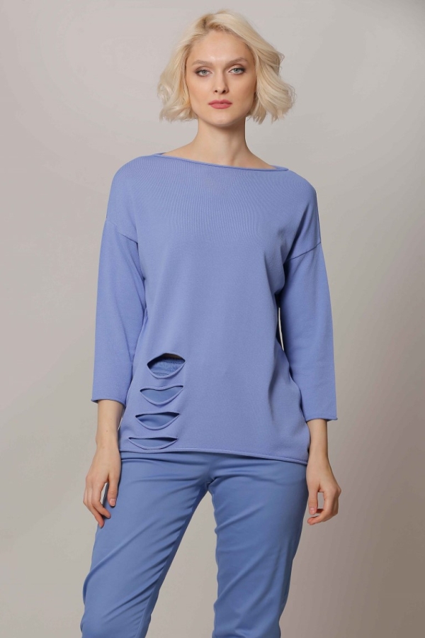 Slit Hem Rayon Sweater - Indigo - 1