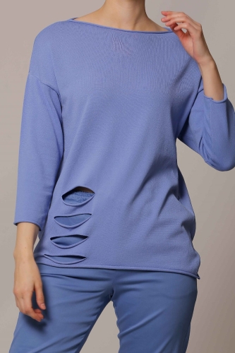 Slit Hem Rayon Sweater - Indigo - 4