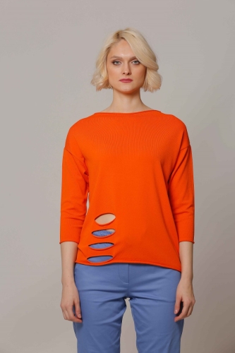 Slit Hem Rayon Sweater - Orange - 1