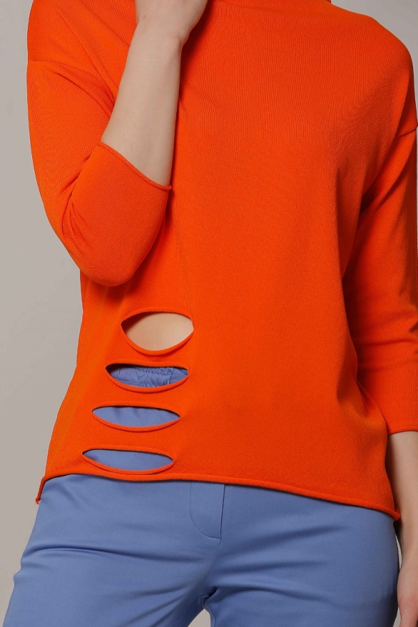 Slit Hem Rayon Sweater - Orange - 4