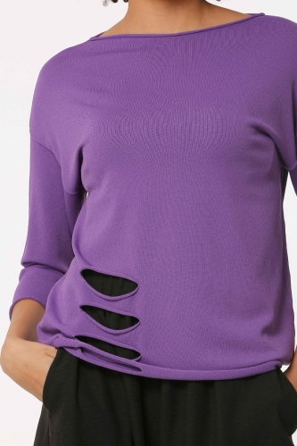 Slit Hem Rayon Sweater - Purple - 4