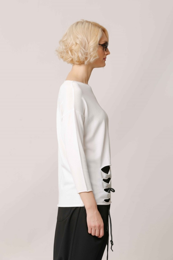 Slit Hem Rayon Sweater - White - 2