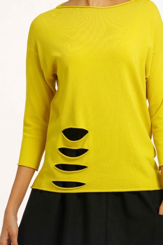 Slit Hem Rayon Sweater - Yellow - 4