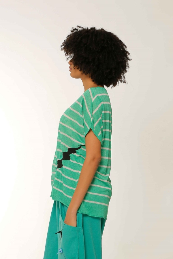Striped Gathered Jacquard Knit Blouse - Green - 2