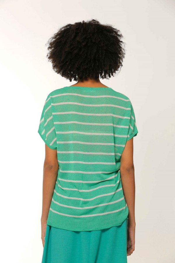 Striped Gathered Jacquard Knit Blouse - Green - 3