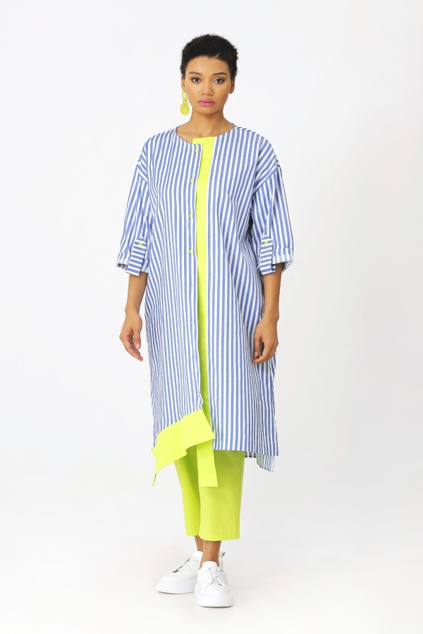 Striped Shirt Dress - Lime Green - 1