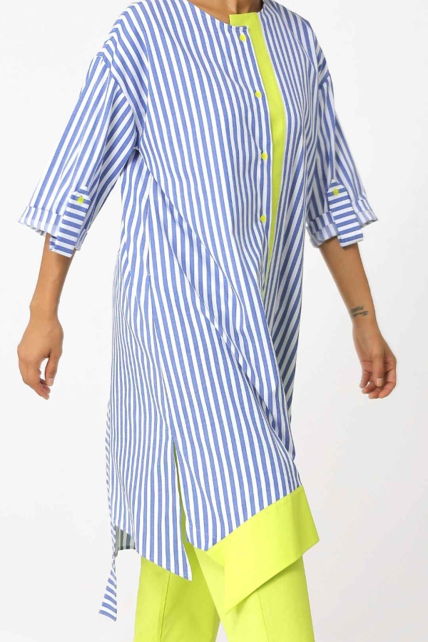 Striped Shirt Dress - Lime Green - 5