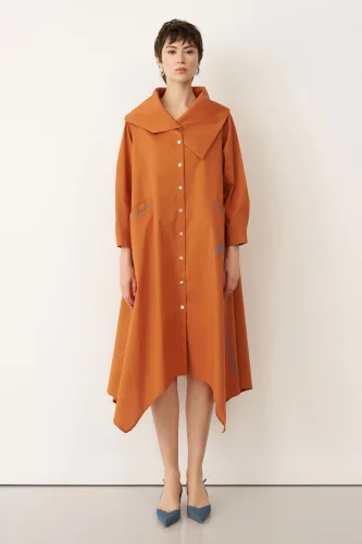 Taba Bir Yanı Baskılı Büyük Yaka Symi Elbise - BIZE (1)