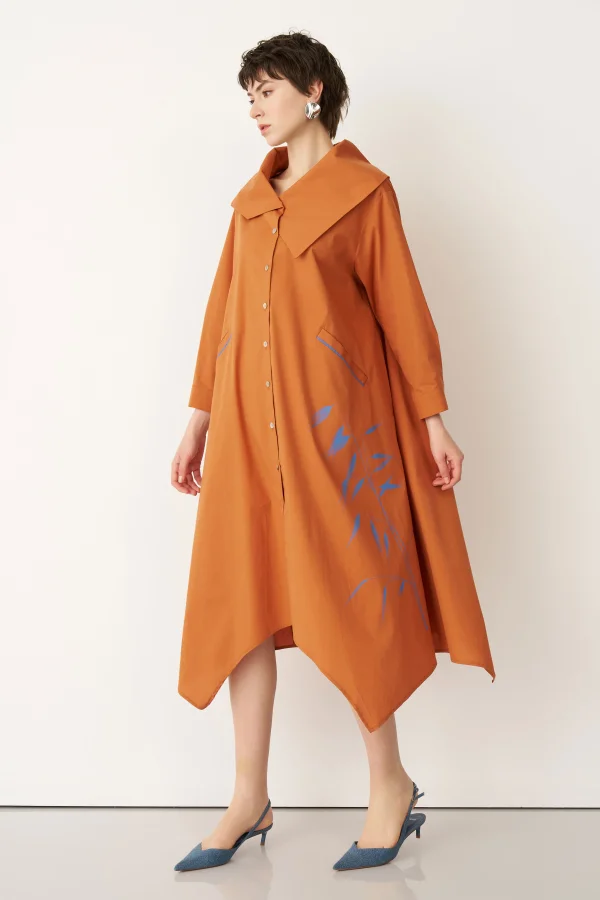 Taba Bir Yanı Baskılı Büyük Yaka Symi Elbise - 4