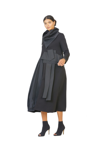 Taffeta Collar Dress - Black - 3