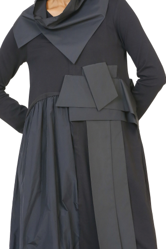 Taffeta Collar Dress - Black - 4