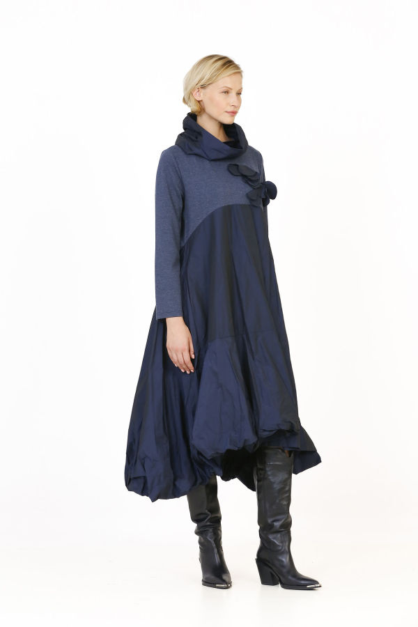 Taffeta Floral Dress - Navy Blue - 2