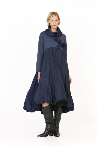 Taffeta Floral Dress - Navy Blue 