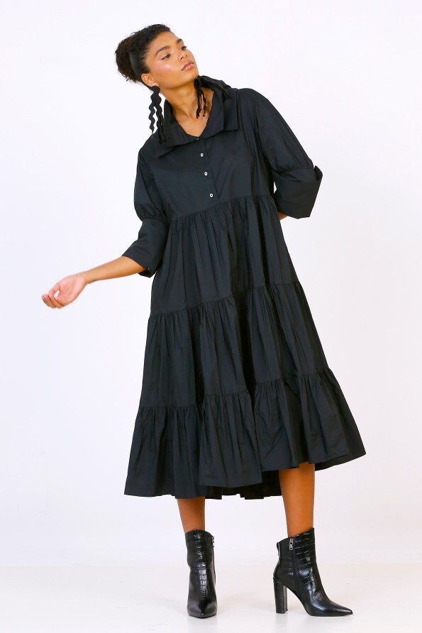 Taffeta Gathered Dress - Black - 1