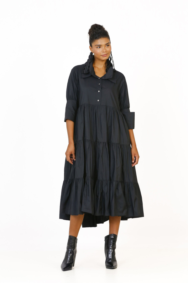 Taffeta Gathered Dress - Black - 2