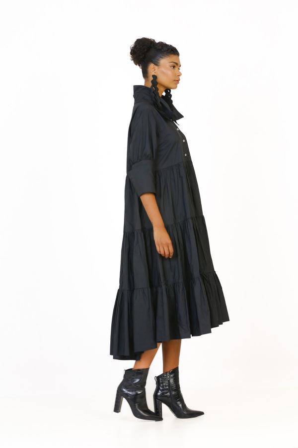 Taffeta Gathered Dress - Black - 4