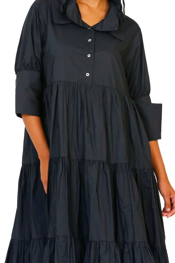 Taffeta Gathered Dress - Black - 5