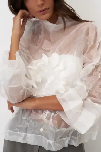 Transparan Organze Bluz Ftane - Beyaz - 3