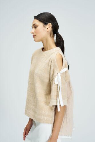 Tulle Back Blouse - Beige - 4