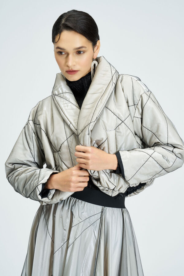 Tulle Covered Shawl Collar Coat - 3