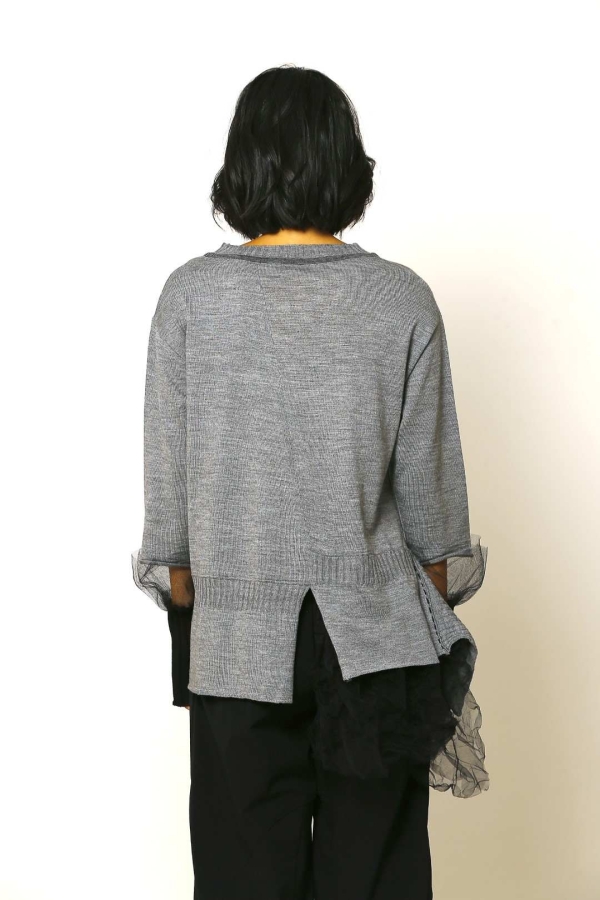 Tulle Detailed Sweater - Gray Melange Black - 3