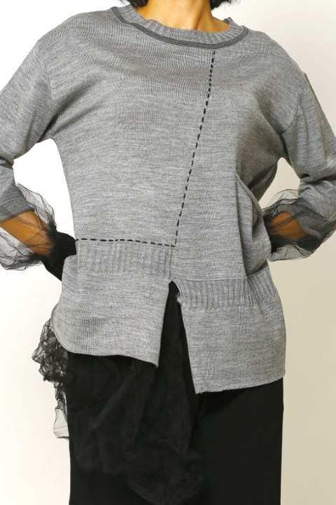 Tulle Detailed Sweater - Gray Melange Black - 4