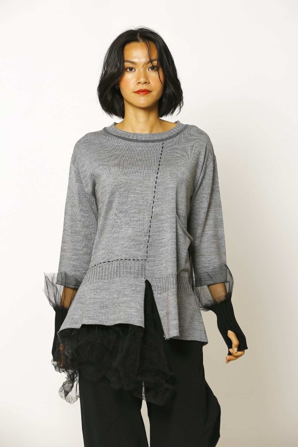 Tulle Detailed Sweater - Gray Melange Black - 1