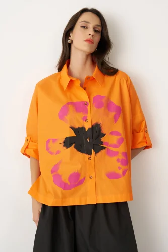 Turuncu Önü Büyük Çiçek Baskılı Gavdos Gömlek 