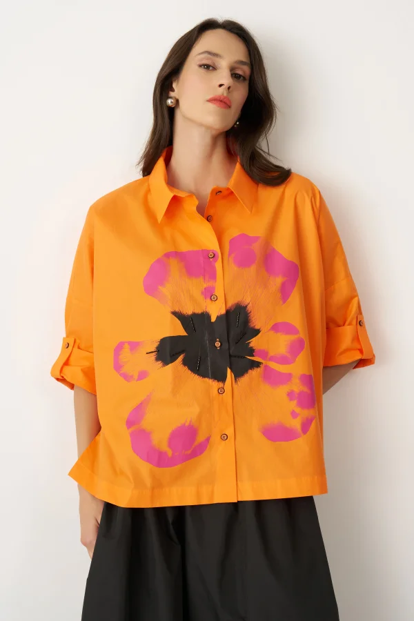 Turuncu Önü Büyük Çiçek Baskılı Gavdos Gömlek - 1