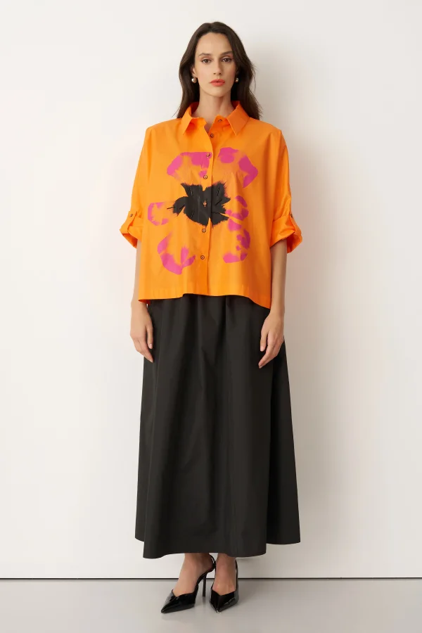 Turuncu Önü Büyük Çiçek Baskılı Gavdos Gömlek - 2