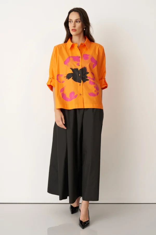 Turuncu Önü Büyük Çiçek Baskılı Gavdos Gömlek - 3