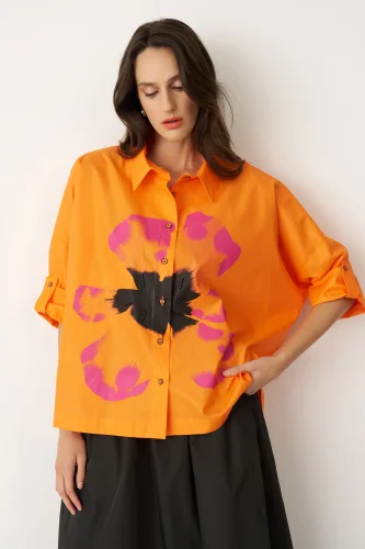 Turuncu Önü Büyük Çiçek Baskılı Gavdos Gömlek - 4