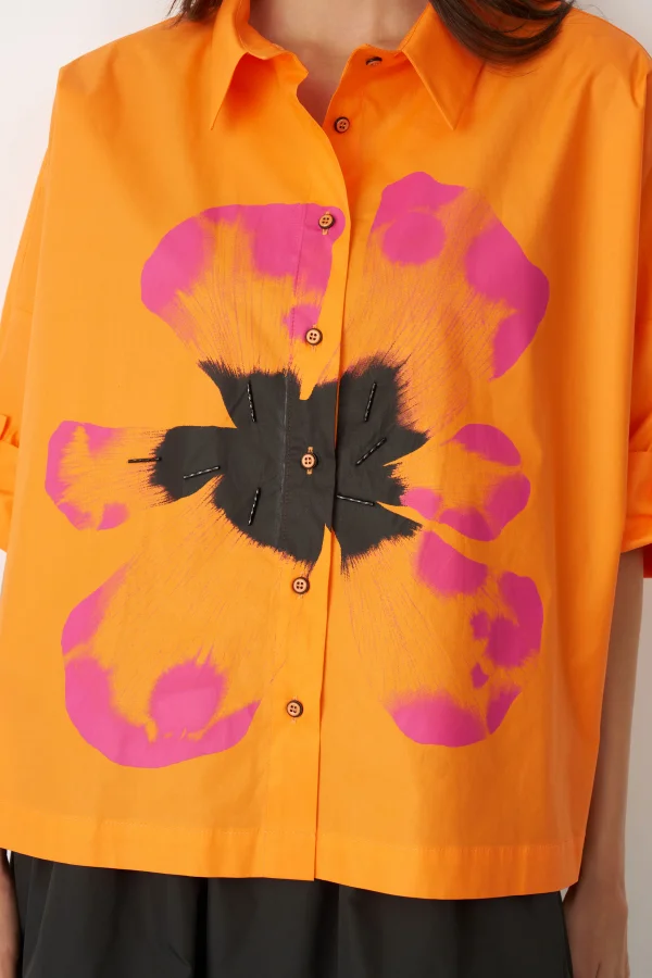 Turuncu Önü Büyük Çiçek Baskılı Gavdos Gömlek - 5