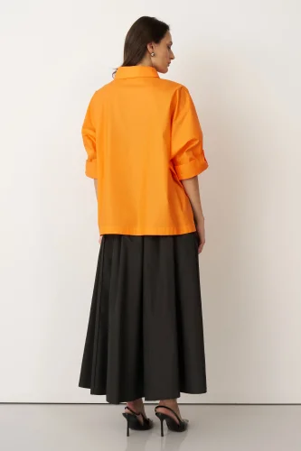 Turuncu Önü Büyük Çiçek Baskılı Gavdos Gömlek - 6