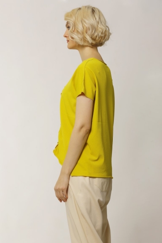 V Neck Gathered Striped Knit Blouse - Yellow - 2