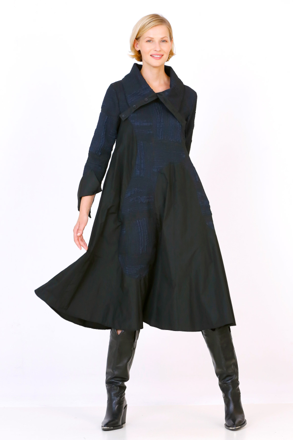 Wide Collar Dress - Navy Blue - 2