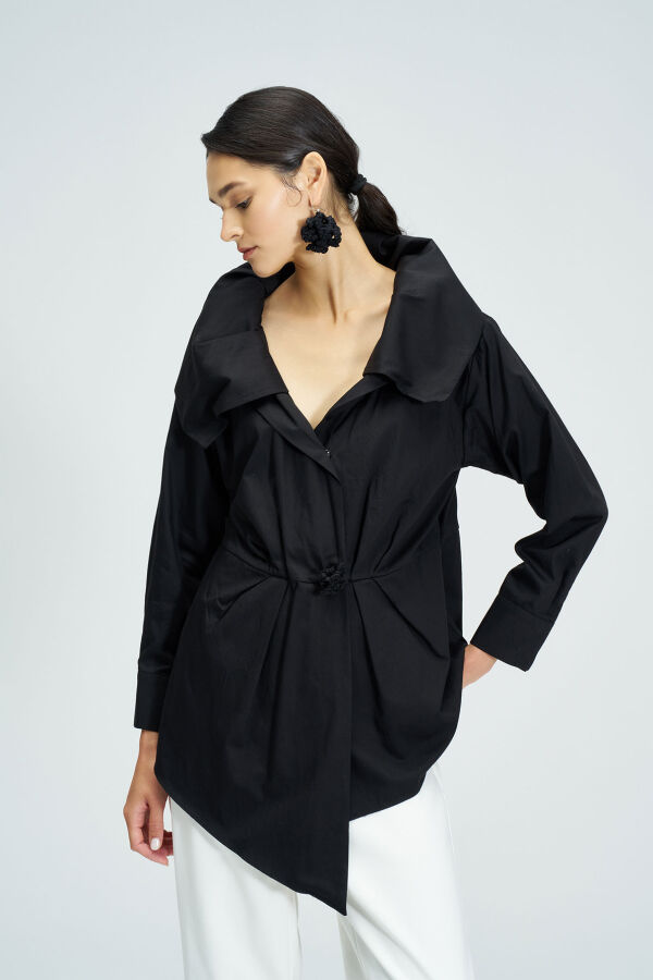 Wide Collar Shirt - Black - 4