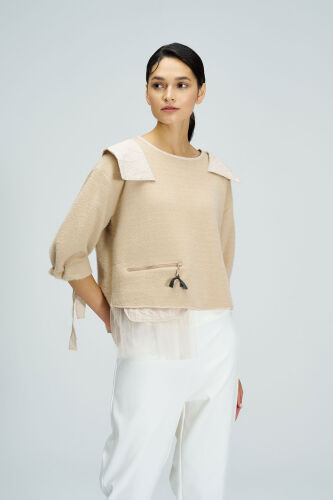 Wide Taffeta Collar Blouse - Beige 