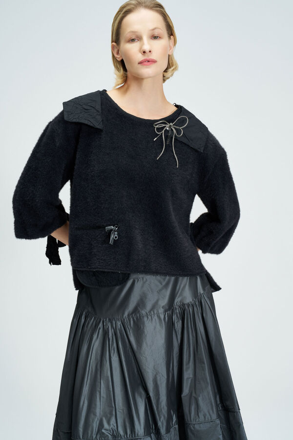 Wide Taffeta Collar Blouse - Black - 1