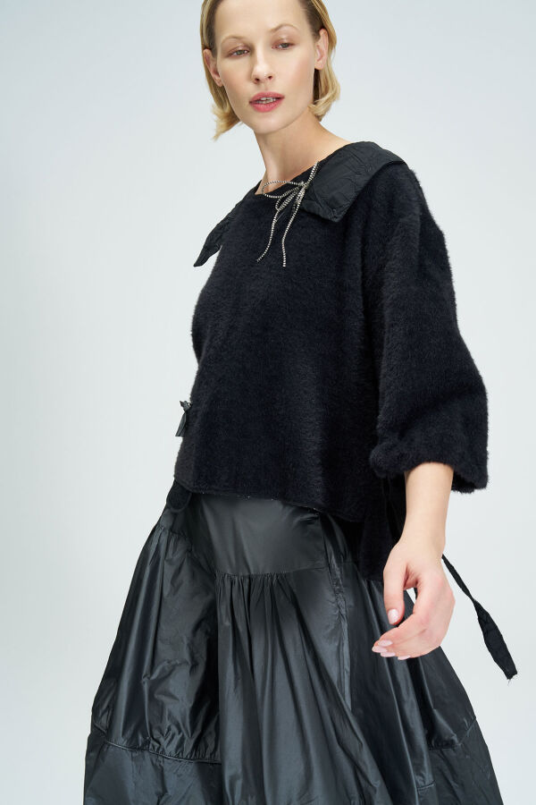 Wide Taffeta Collar Blouse - Black - 3