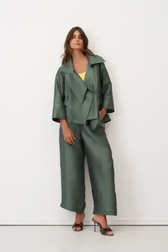 Yeşil Bağlama Detaylı Geniş Yaka Rhodes Ceket - 1
