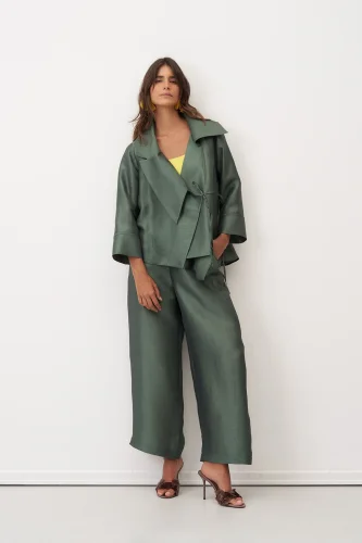 Yeşil Bağlama Detaylı Geniş Yaka Rhodes Ceket - 1
