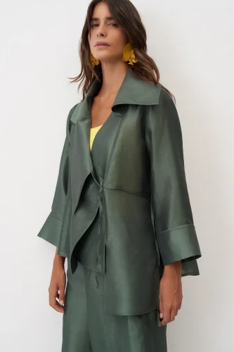 Yeşil Bağlama Detaylı Geniş Yaka Rhodes Ceket - 5