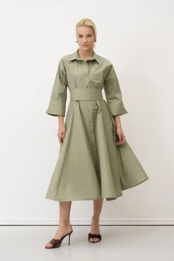 Yeşil Beli Kemerli Düğmeli Kastraki Gömlek Elbise - 1