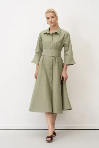 Yeşil Beli Kemerli Düğmeli Kastraki Gömlek Elbise - BIZE (1)