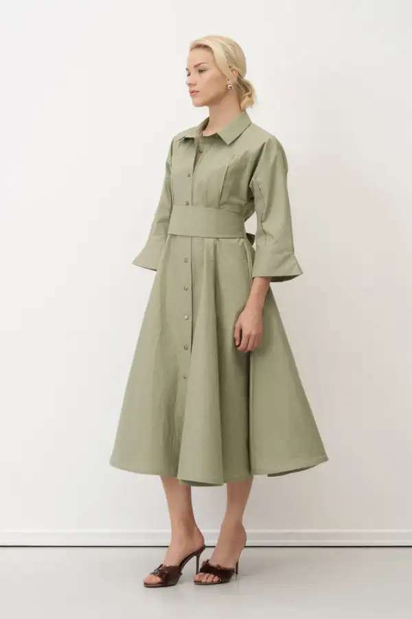 Yeşil Beli Kemerli Düğmeli Kastraki Gömlek Elbise - 3