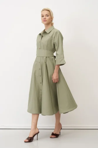 Yeşil Beli Kemerli Düğmeli Kastraki Gömlek Elbise - 4