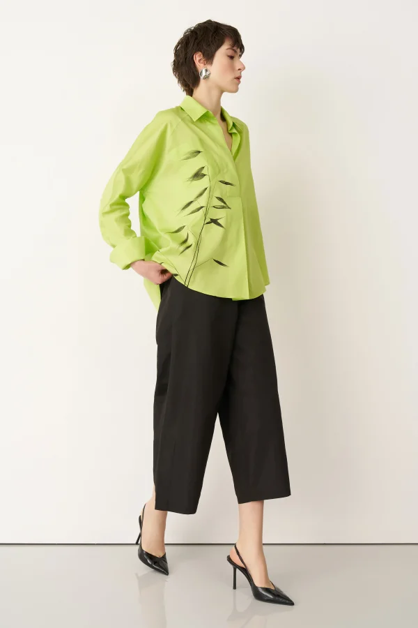 Yeşil Fırça Baskılı İnce Poplin Sporades Gömlek - 1